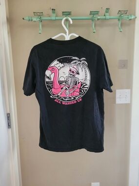 Retrofit Black Short Sleeve Tee with Pink Flamingo Skeleton Graphic